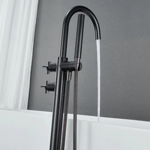 Miniatura 4 de Grifo de bañera independiente Llenador de bañera de bronce frotado con aceite Grifos de bañera de latón con ducha de mano