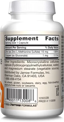 Miniatura 9 de Balance de zinc Jarrow Formulas, refuerza el sistema inmunológico y proporciona protección antioxidante, 100 cápsulas