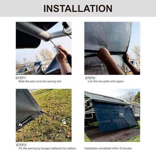 Miniatura 7 de Pantalla de Sombra Solar para Toldo de RV 8'x15'3'' (Compatible con Toldo de 16'), Pantalla de Malla Negra con Cremallera, Pantalla Universal