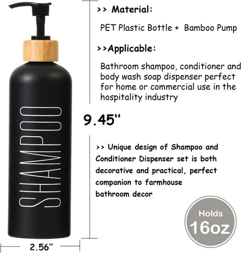 Miniatura 3 de HOMCDALY Juego de 3 botellas recargables negras para ducha de baño de 16 oz - Botellas vacías con bomba para champú, acondicionador o gel corporal