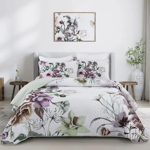Miniatura 27 de Juego de colcha floral tamaño Queen de 3 piezas, juego de colcha con estampado floral rojo suave de microfibra ligera, cubrecama acolchado negro
