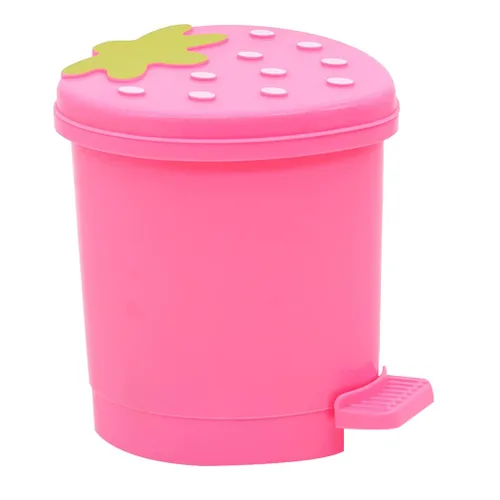 Zerodeko Bote de basura de plástico con tapa, lindo cubo de basura de fresa, tipo de prensa, decorativo, pequeño, contenedor de almacenamiento de