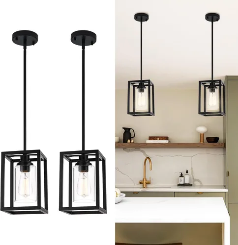 Miniatura 11 de Iluminación colgante de cocina sobre isla, lámpara colgante estilo granja de 1 luz negro mate, accesorios de luz colgante rectangulares de metal