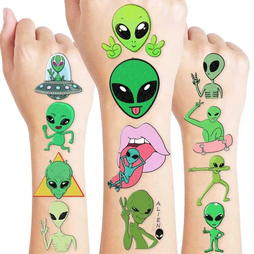Miniatura 2 de 96 tatuajes temporales de extraterrestre luminosos precortados para niños y niñas, suministros de fiesta de cumpleaños, suministros de decoración