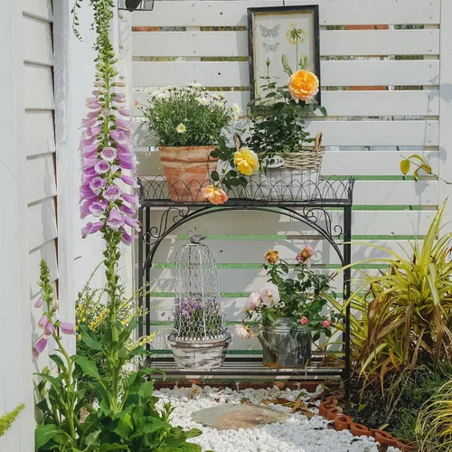 Miniatura 3 de Estante largo negro de doble capa, soporte de metal estilo patio francés para plantas altas en maceta, soporte resistente para macetas interiores
