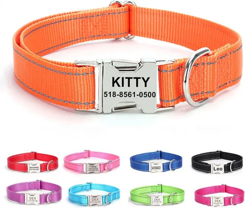 Miniatura 15 de Collar de perro personalizado con etiqueta de nombre, collar de nailon reflectante para mascotas, collares de perro con hebilla grabada Rosa