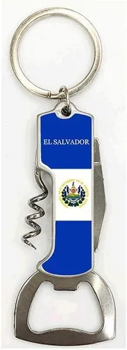 Llavero de metal con diseño de bandera de El Salvador 3 en 1 con sacacorchos - Recuerdos de El Salvador