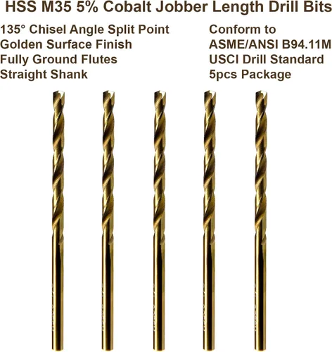 Miniatura 2 de MAXTOOL No.21 5pcs Idéntico Jobber Longitud Taladros Diámetro 0.159 "HSS M35 Cobalt Twist Brocas Calibre Alambre Numerado Oro Recto Taladros