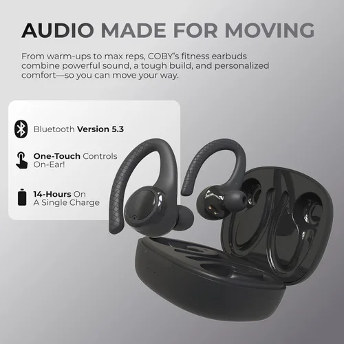 Miniatura 5 de Coby Auriculares Bluetooth inalámbricos con puntas intercambiables con puntas de ganchos intercambiables, gel de oreja de varios tamaños, resistente