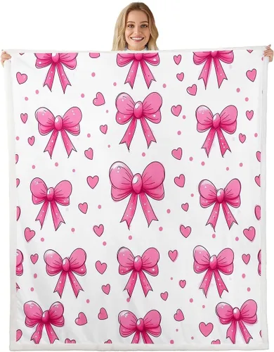 Miniatura 22 de Manta de franela de forro polar con lazos rosados femeninos de 40 x 50 pulgadas, manta mullida de corazones para el día de San Valentín para sofá