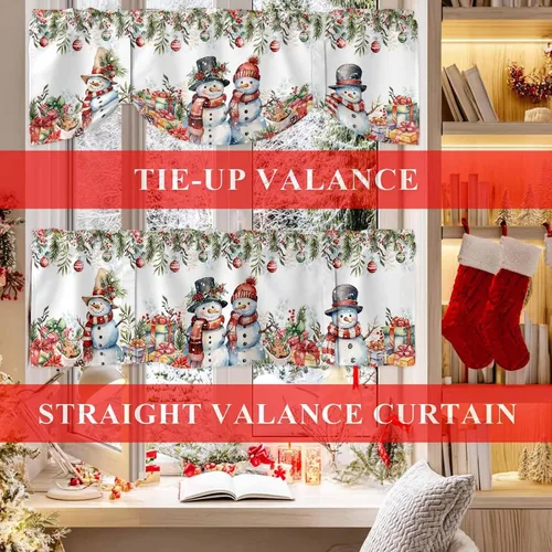 Miniatura 7 de Cenefa de amarre de muñeco de nieve de dibujos animados para ventanas de cocina, bolas de Navidad, ramas de hojas, cenefas de cortina de 42 x 12