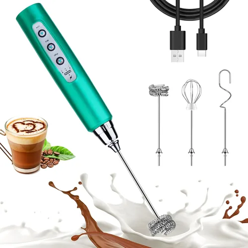 Nahida Varita espumadora de leche turquesa para café, espumador de mano recargable batidor eléctrico con 3 cabezales, 3 velocidades, mezclador de