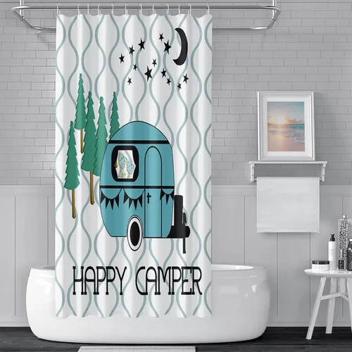 Miniatura 34 de Cortina de ducha Happy Camper de 48 x 72 pulgadas, diseño de caricaturas, remolque, hoguera, aventura al aire libre, cortina de baño para decoración