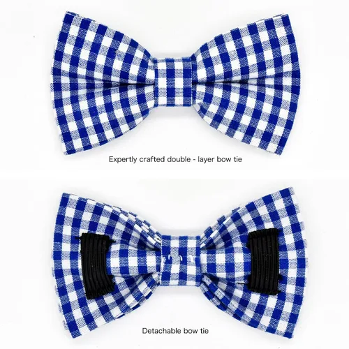 Miniatura 7 de Collar de Gato Azul con Diseño de Búfalo a Cuadros, Conjunto de Lazo para Boda/Cumpleaños, Collar Separable para Gatito