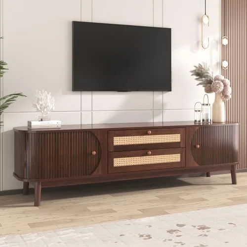 Bellemave Soporte de TV de ratán para hasta 75 pulgadas, consola multimedia moderna con 2 gabinetes y 2 cajones, centro de entretenimiento de madera