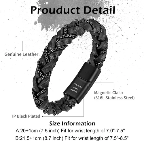 Miniatura 2 de murtoo Pulseras "Grilletes de la Libertad" para hombre, pulseras de cuero trenzado para hombre con cadenas de acero y cierre magnético, regalo