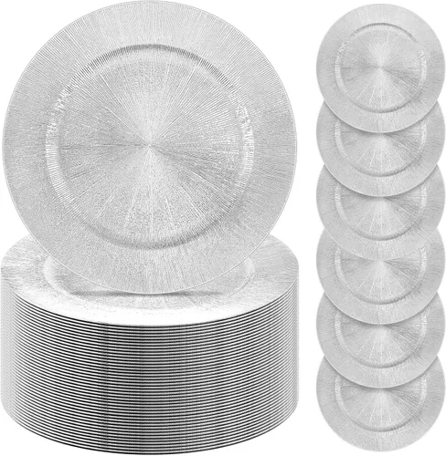 Miniatura 19 de Tanlade 50 Platos Base Plateados al Por Mayor, Plato Base Redondo de Plástico de 13", Platos Base Brillantes Plateados para Mesa, Platos de Servicio