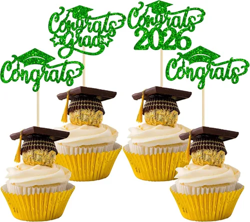 Miniatura 36 de Gyufise 24 piezas de decoración para cupcakes con purpurina para graduación 2026, decoración de pasteles para graduación 2026, decoración de Negro