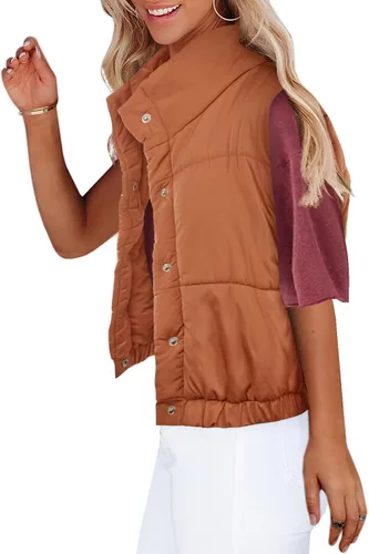 Miniatura 4 de Ybenlow Chaleco acolchado recortado para mujer, cuello alto, con botones, ligero, acolchado, sin mangas, chaqueta de invierno