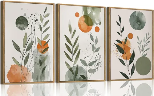 Wodkwq 3 piezas de lienzo botánico abstracto bohemio enmarcado, arte de pared minimalista en acuarela, decoración de pared nórdica moderna,