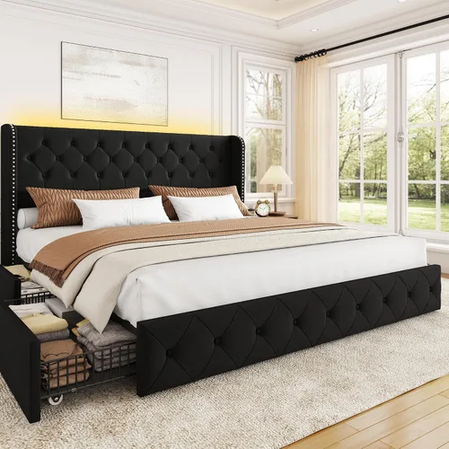 Miniatura 13 de BRELTAM Marco de Cama Tamaño Queen con Cajones de Almacenamiento y Cabecero Wingback Tapizado en Terciopelo Marco de Cama Plataforma Camas Blanco