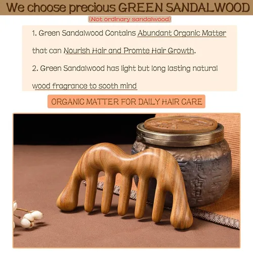 Miniatura 3 de Peine de dientes anchos para desenredar el cabello grueso, masajeador de cuero cabelludo de madera para cuero cabelludo Gua Sha, sándalo verde