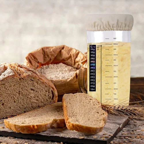 Miniatura 6 de Kit de tarro para inicio de masa madre, tarro para inicio de masa madre de 650ml con termómetro, raspador de silicona, cubierta de tela y tapa
