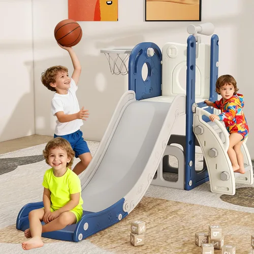 Miniatura 11 de Tobogán 6 en 1 para niños pequeños, deslizador para niños de 1 a 3 años, conjunto de juegos de interior y exterior con aro de baloncesto
