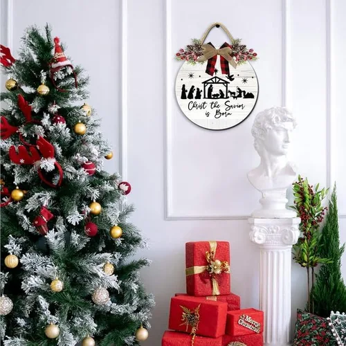 Miniatura 2 de Adorno de Navidad para colgar en la puerta, adornos de pesebre, Jesucristo el Salvador ha nacido, letrero de puerta delantera, decoración
