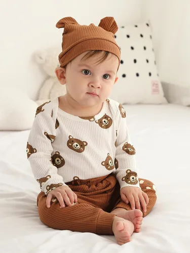 Miniatura 115 de Conjunto de 3 piezas de ropa de bebé recién nacido con estampado de manga larga + pantalones + sombrero