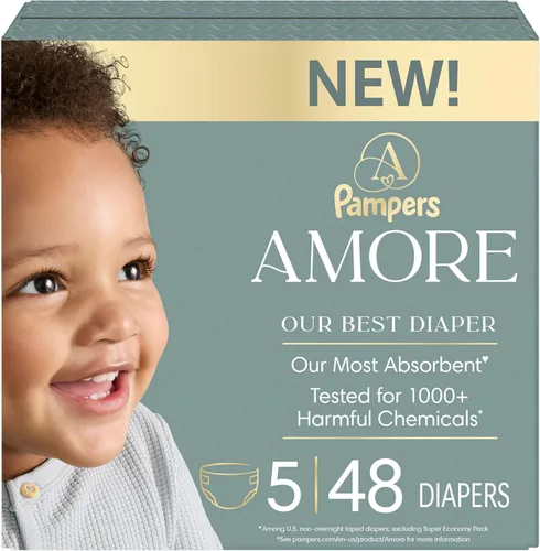 Miniatura 27 de Pampers Amore, tamaño 3 (13-26 libras), 66 unidades, nuestro mejor pañal, hipoalergénico y sin fragancia, hasta 100% a prueba de fugas, suave como