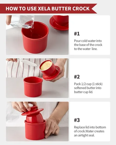 Miniatura 6 de XELA Recipiente de cerámica para mantequilla, plato de mantequilla francesa para mostrador, contenedor de mantequilla con línea de agua para Rojo