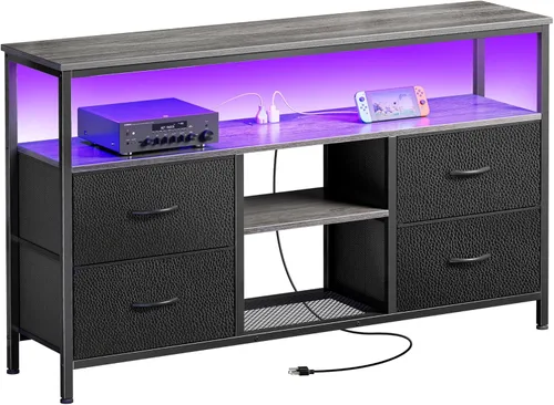 Huuger - Soporte de TV de 47 pulgadas con tomacorrientes y luces LED, centro de entretenimiento con 4 cajones y estante abierto, consola de medios