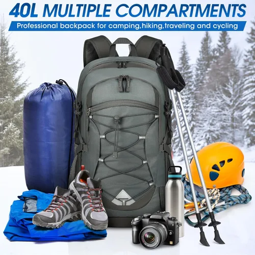 Miniatura 8 de IGOLUMON Mochila de senderismo de 40 L, plegable, ligera, mochila de camping para hombres y mujeres, impermeable, mochila de senderismo al aire Gris