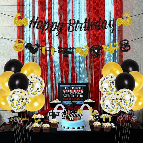 Miniatura 5 de Decoraciones de fiesta de cumpleaños para gimnasio, decoraciones de fiesta temática de fitness negro y dorado para hombres, suministros de fiesta