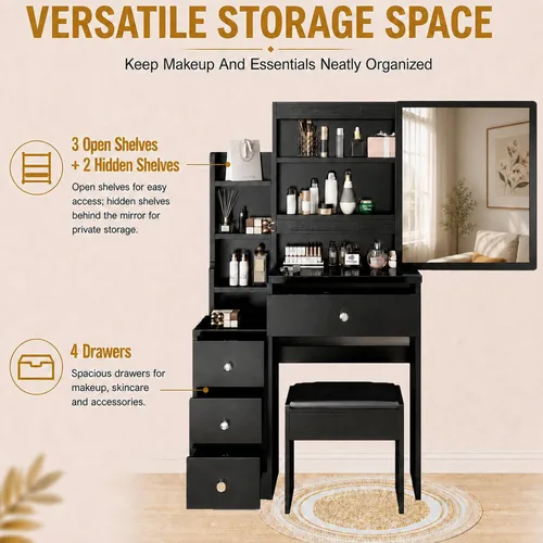 Miniatura 3 de BNSPLY 29.2" W Small Vanity Desk with Sliding Mirror, Black Makeup Vanity Set with 4 Drawers and 5 Shelves, Dressing Table with Cushion Stool for