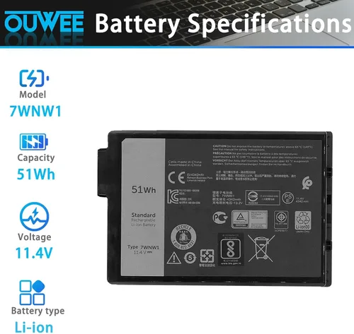 Miniatura 2 de 7WNW1 - Batería de repuesto para laptop Dell Latitude 5424 Rugged Extreme, Latitude 5420 Rugged Extreme, Latitude 7424 Rugged Extreme P85G P85G001
