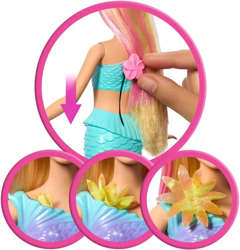 Miniatura 3 de Muñecas de juguete de sirena Barbie con función sorpresa de flores mágicas en flor, colas ombre, accesorio diadema de perlas y pelo largo rubio