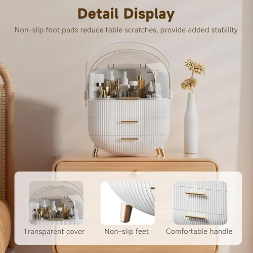 Miniatura 4 de BTGGG Organizador de maquillaje, organizador de maquillaje para tocador, almacenamiento de cosméticos de encimera con cajones y cubierta Blanco
