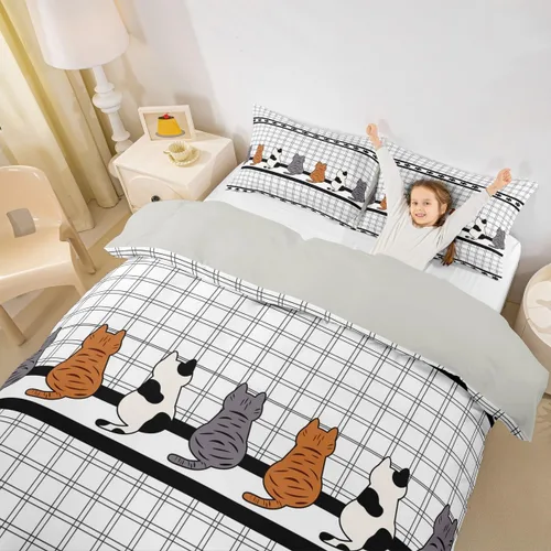 Miniatura 12 de Juego de funda de edredón para niños con diseño de gato negro, tamaño individual, juego de ropa de cama de animales lindos con burbujas de baño