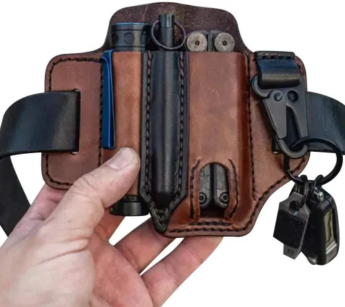 Miniatura 9 de Amorr Funda multiherramienta de cuero para cinturón, organizador de bolsillo EDC con soporte para llaves, cinturón de almacenamiento, bolsa de Negro