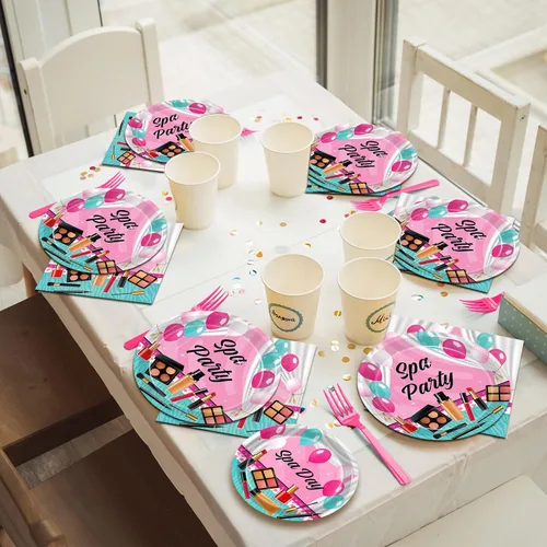Miniatura 5 de Kepeel 96 piezas de platos y servilletas para fiesta de spa, suministros de decoración para fiesta de maquillaje de día de spa para niñas, niñas