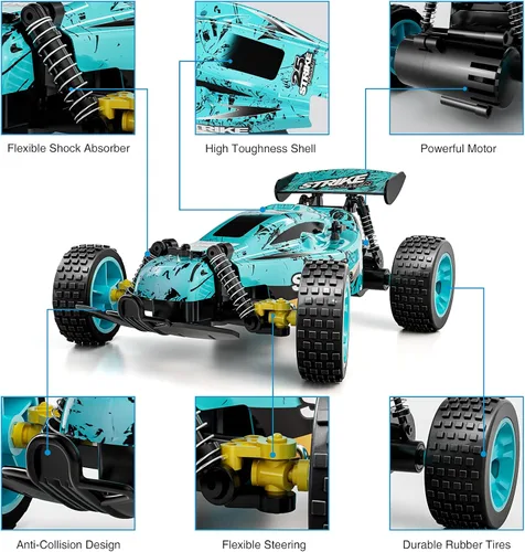 Miniatura 4 de Tecnock coches RC para niños, coche de control remoto para niños, 1:18 escala 20 KM/H 2WD buggy todo terreno, coche de carreras RC de 2.4GHz con Azul