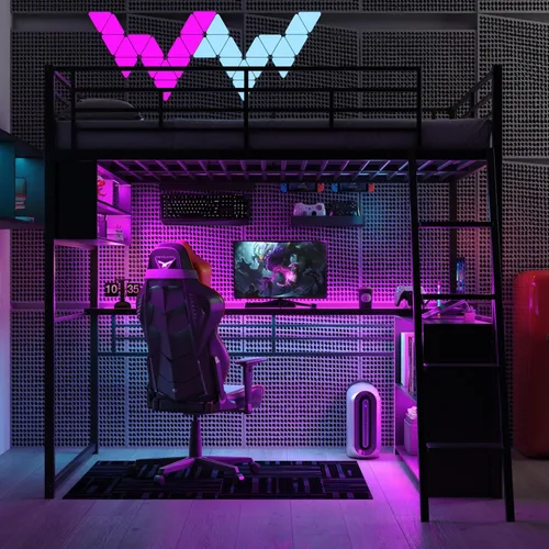Miniatura 4 de P PURLOVE Cama tipo loft de tamaño matrimonial con escritorio para niños, cama alta de metal con LED y 4 estantes de almacenamiento, marco de cama