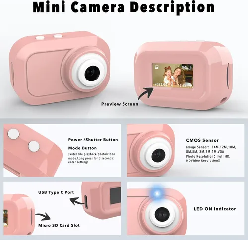 Miniatura 7 de Mini cámara con llavero con 14M 1080P FHD, mini cámara digital de bolsillo, pequeñas cámaras portátiles de 0.96 pulgadas, grabadora de video con Rosa