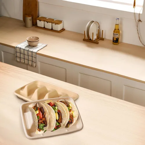 Miniatura 4 de 50 soportes desechables para tacos para fiestas, 3 compartimentos, soporte de bandeja de tacos de papel, platos desechables para tacos