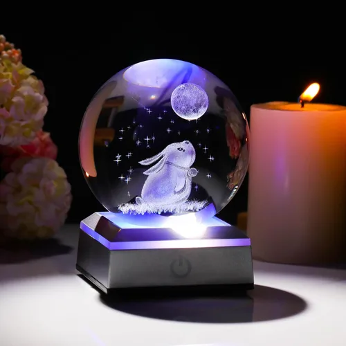 Miniatura 3 de Figura de bola de cristal grabada en 3D de conejo y estrellas de luna de 3.15 pulgadas con base de luz LED, decoración de esfera de conejo