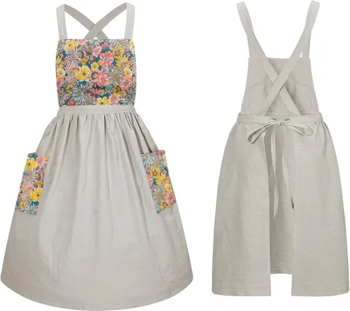 Pinafore Dress Apron for Women Vintage Ruffle Chef Apron with Pockets and Long Ties, Cross Back Cute Kitchen Apron