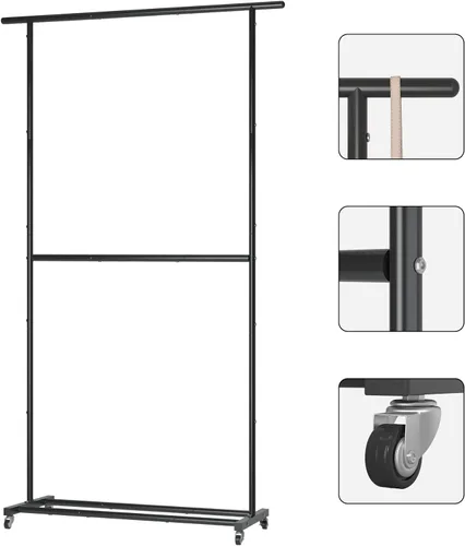 Miniatura 5 de Sywhitta Perchero de Ropa de Doble Barra Rodante, Organizador de Ropa con Ruedas para Colgar Ropa, Fácil de Ensamblar, Ajustable, Negro