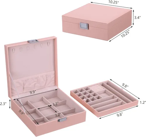 Miniatura 5 de BEWISHOME Joyero para niñas, organizador de joyas de 35 compartimentos, 6 ganchos para collares, 2 capas, cajas de joyería, estuche